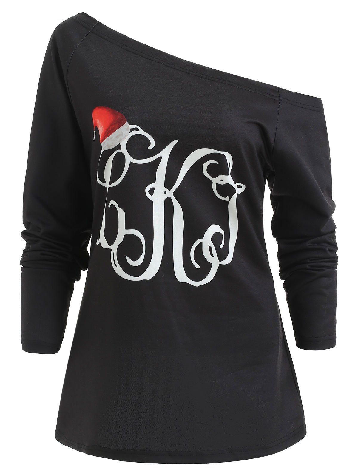 

Christmas Letters Print Skew Neck Sweatshirt, Black