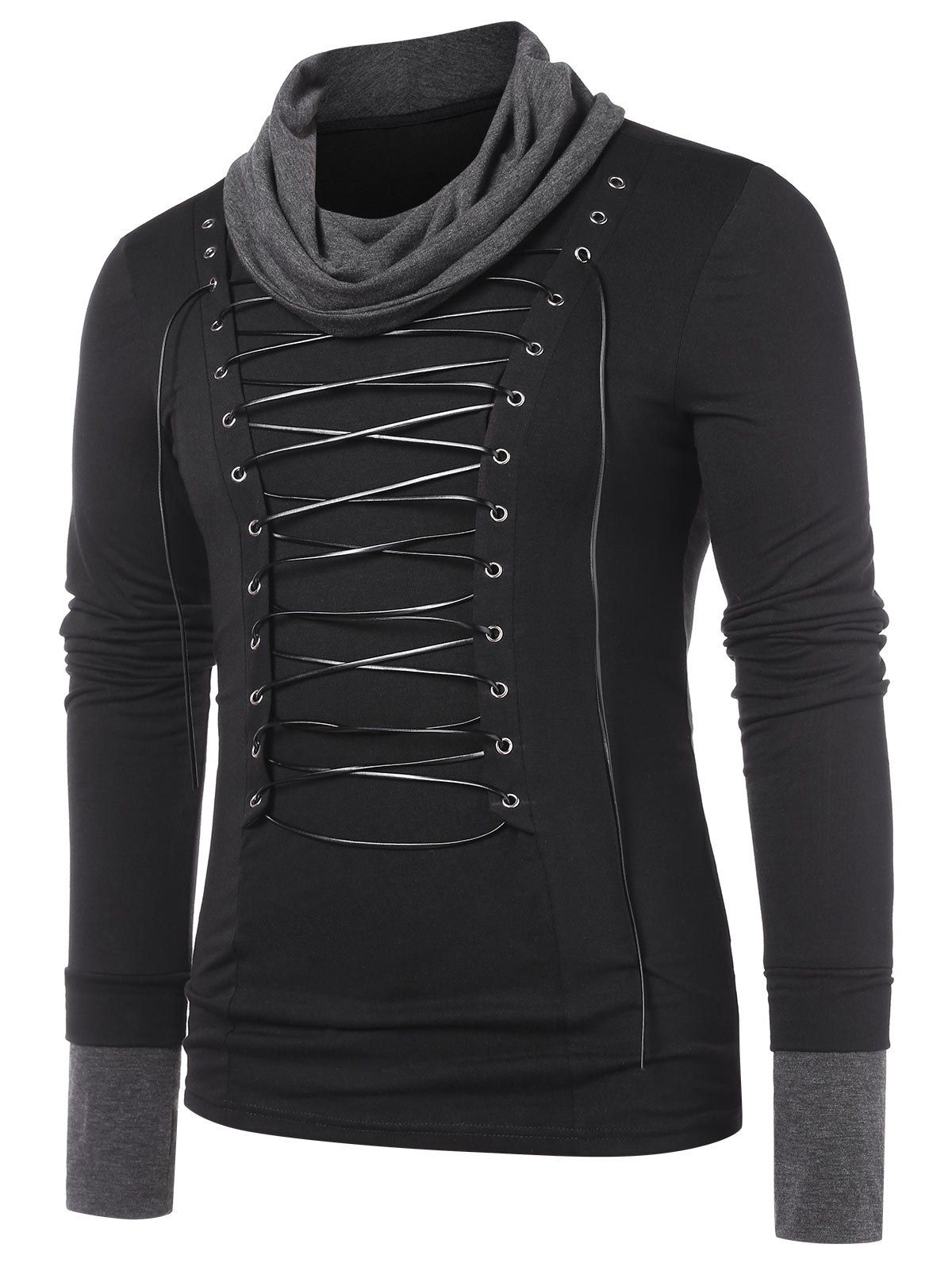 

Turtle Neck Color Block Lace Up T-shirt, Black