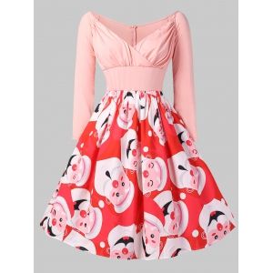 

Christmas Santa Clause Print Vintage Dress, Pink