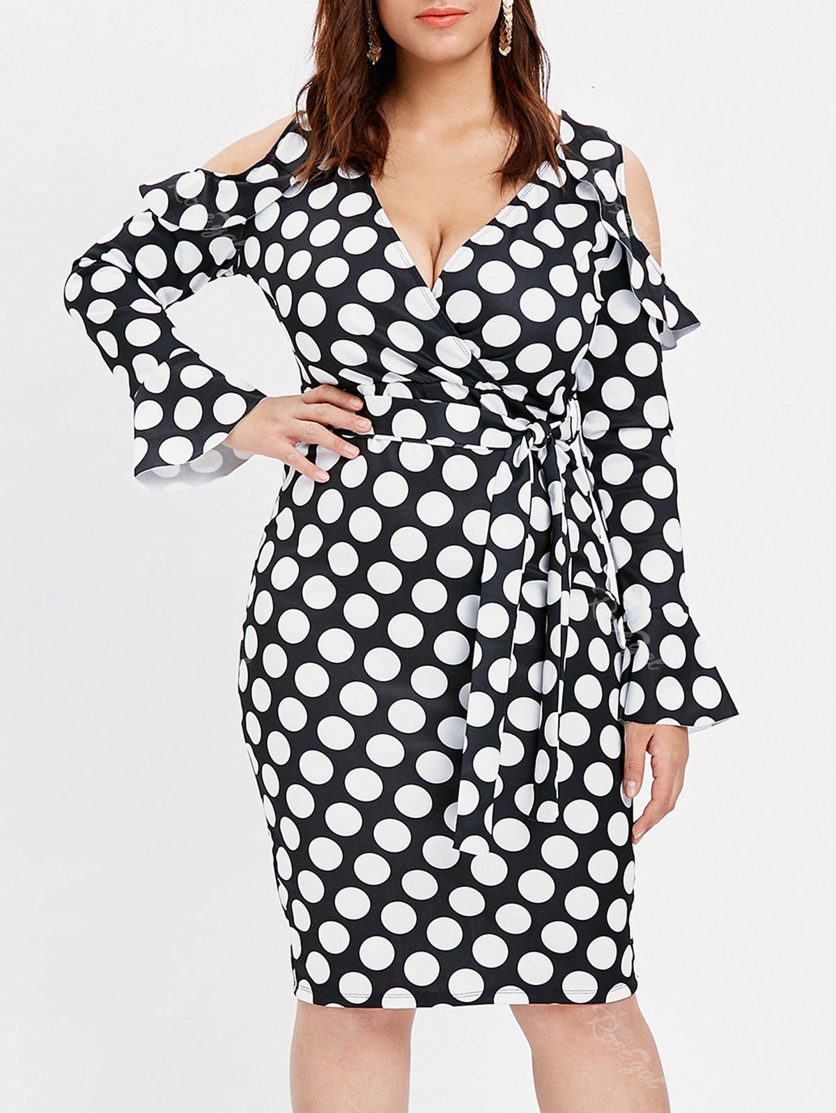 

Flare Sleeve Plus Size Polka Dot Bodycon Dress, Black
