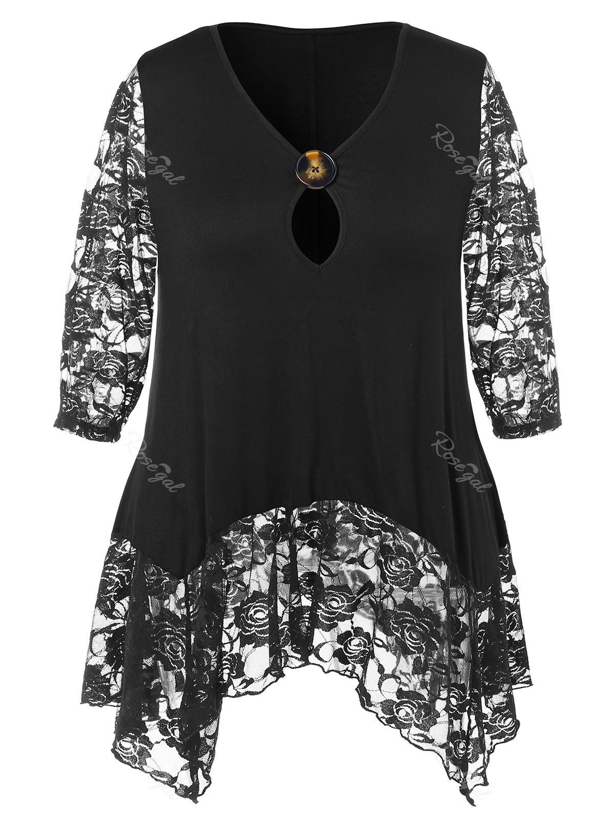 

Lace Hem Plus Size Keyhole Neck T-shirt, Black