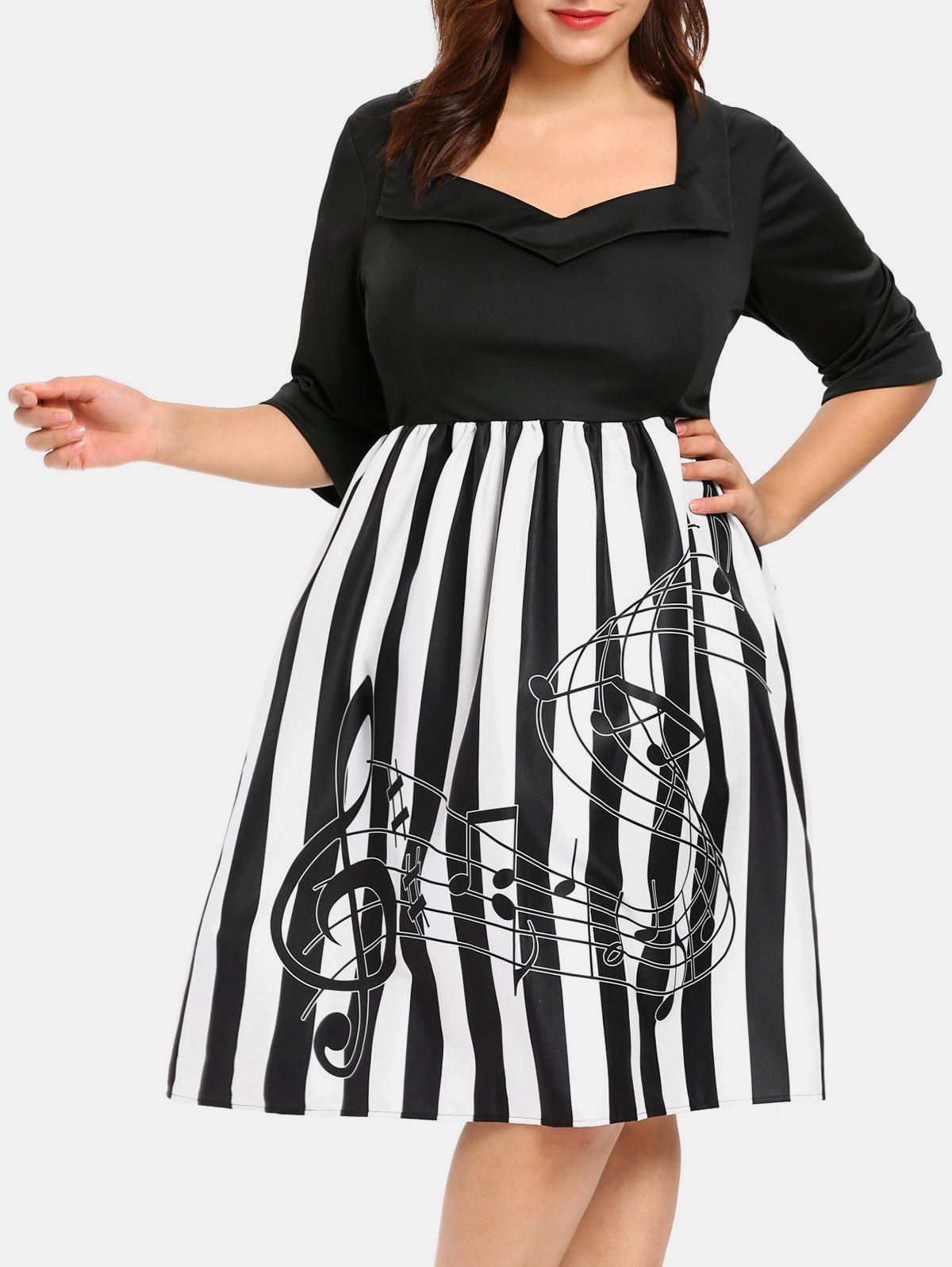 

Plus Size Vintage Striped Sweetheart Neck Dress, Black