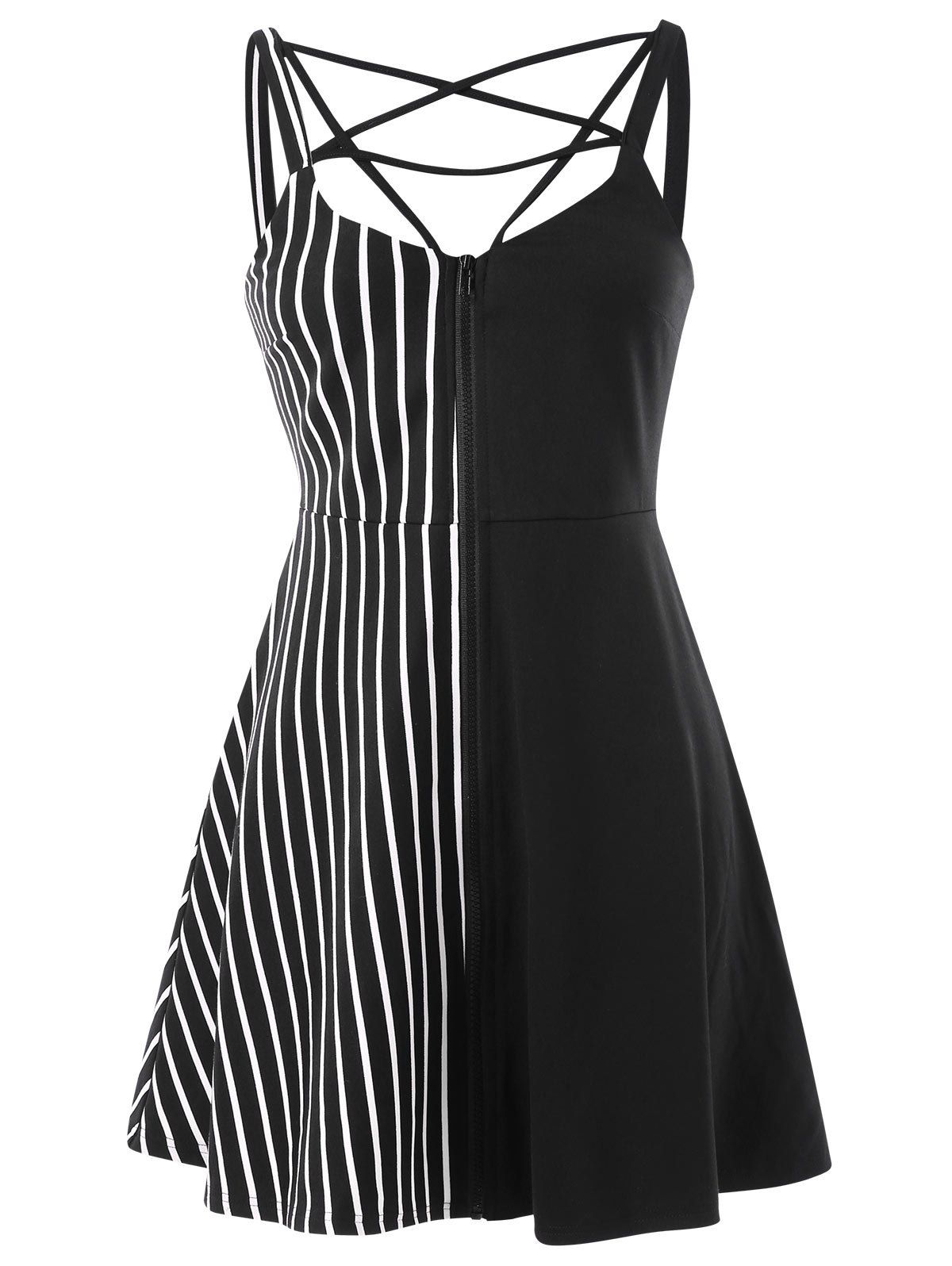 

Zip Up Cami Strap Stripe Panel Dress, Black
