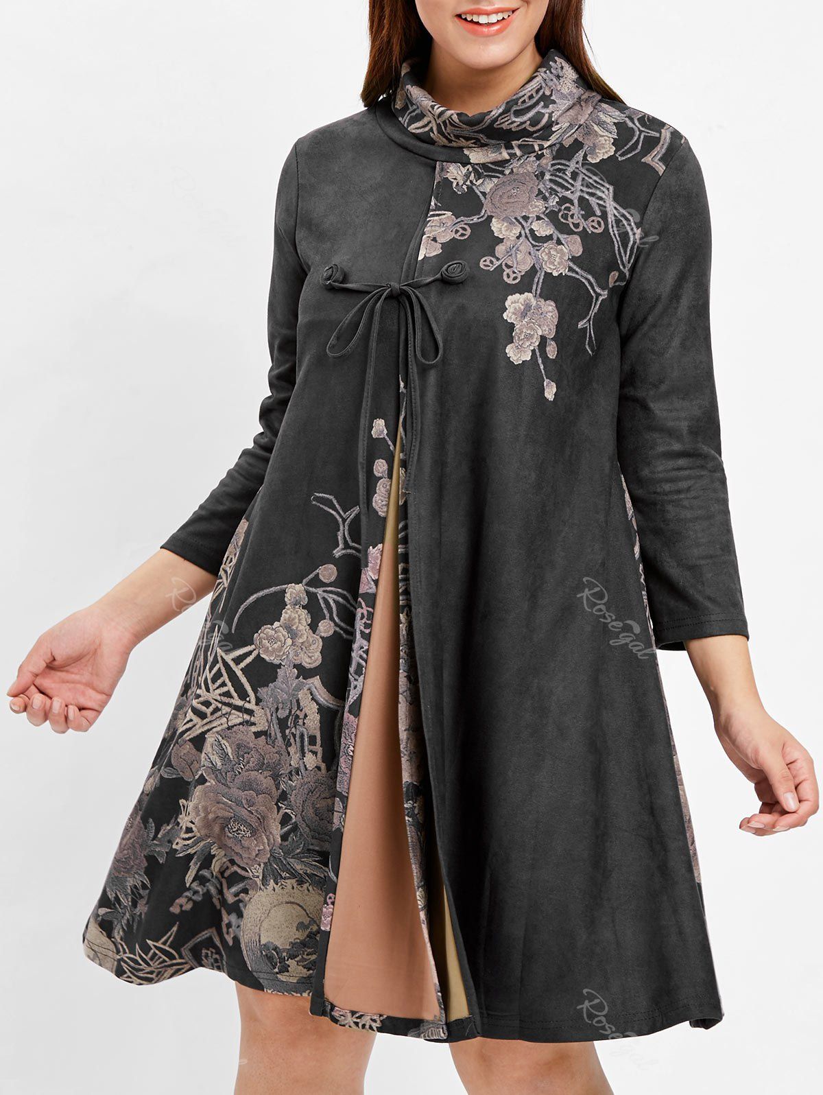 

Floral Print Plus Size Cowl Neck Mid Calf Dress, Carbon gray