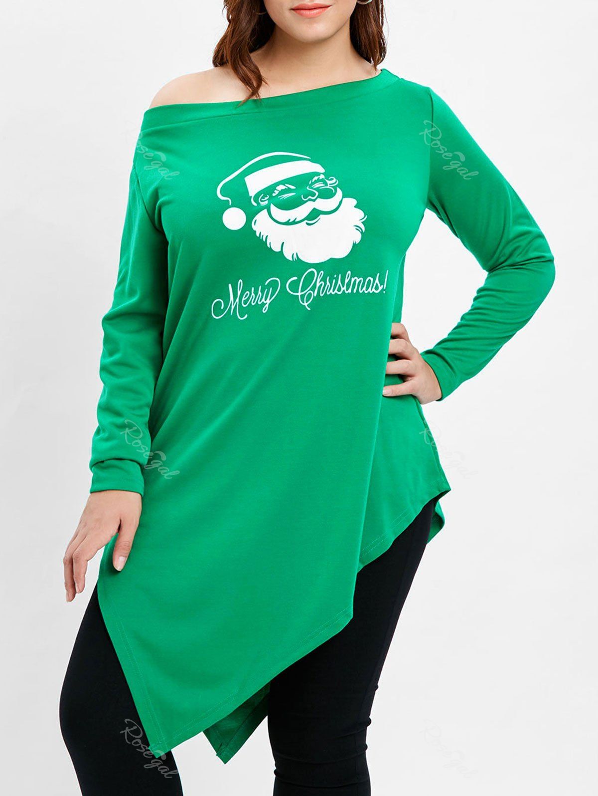 

Skew Neck Santa Claus Print Longline Tee, Green