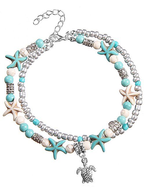

Sea Star and Turtle Layered Chain Anklet, Tron blue