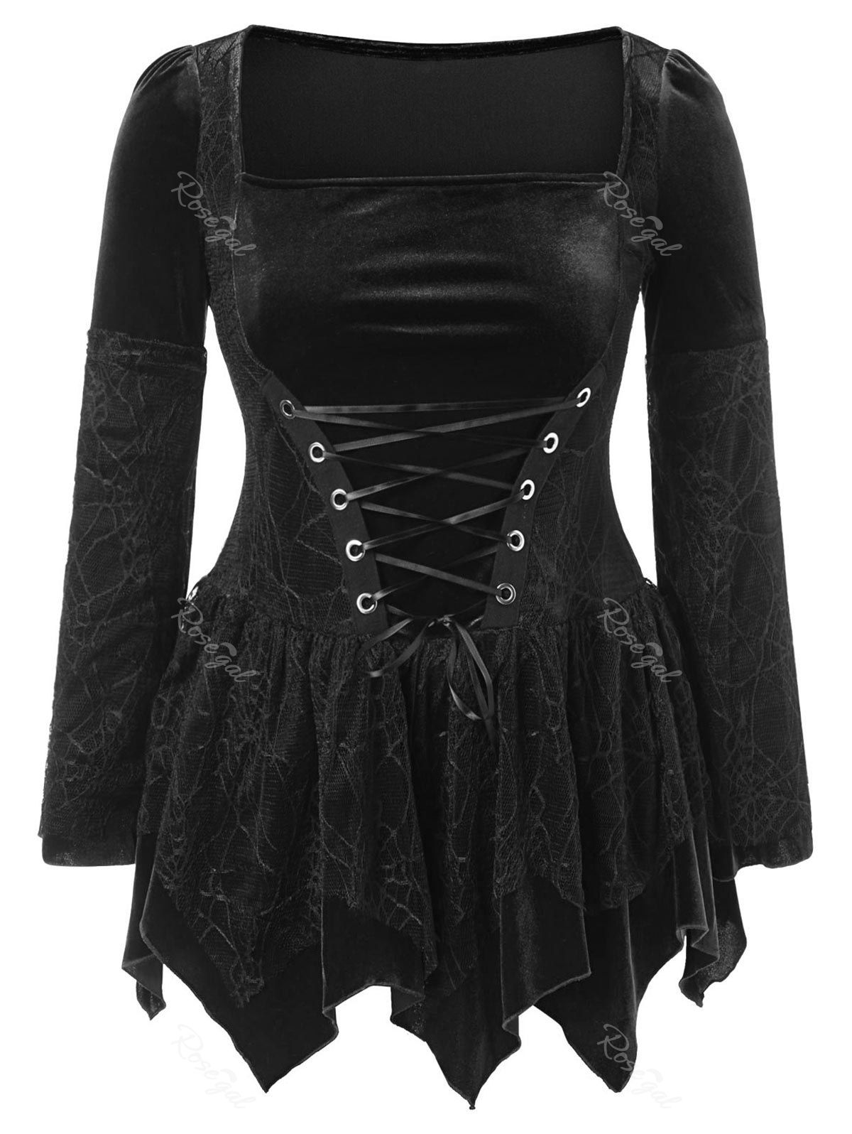

Halloween Plus Size Lace Up Velvet Peplum Top, Black