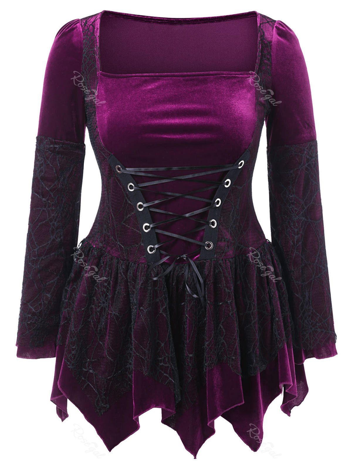 

Halloween Plus Size Lace Up Velvet Peplum Top, Purple iris