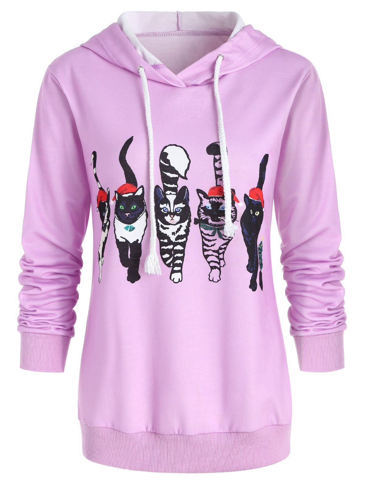 

Christmas Drawstring Cat Print Hoodie, Mauve