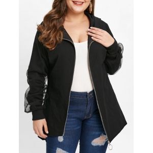

Plus Size Mesh Panel Hooded Coat, Black