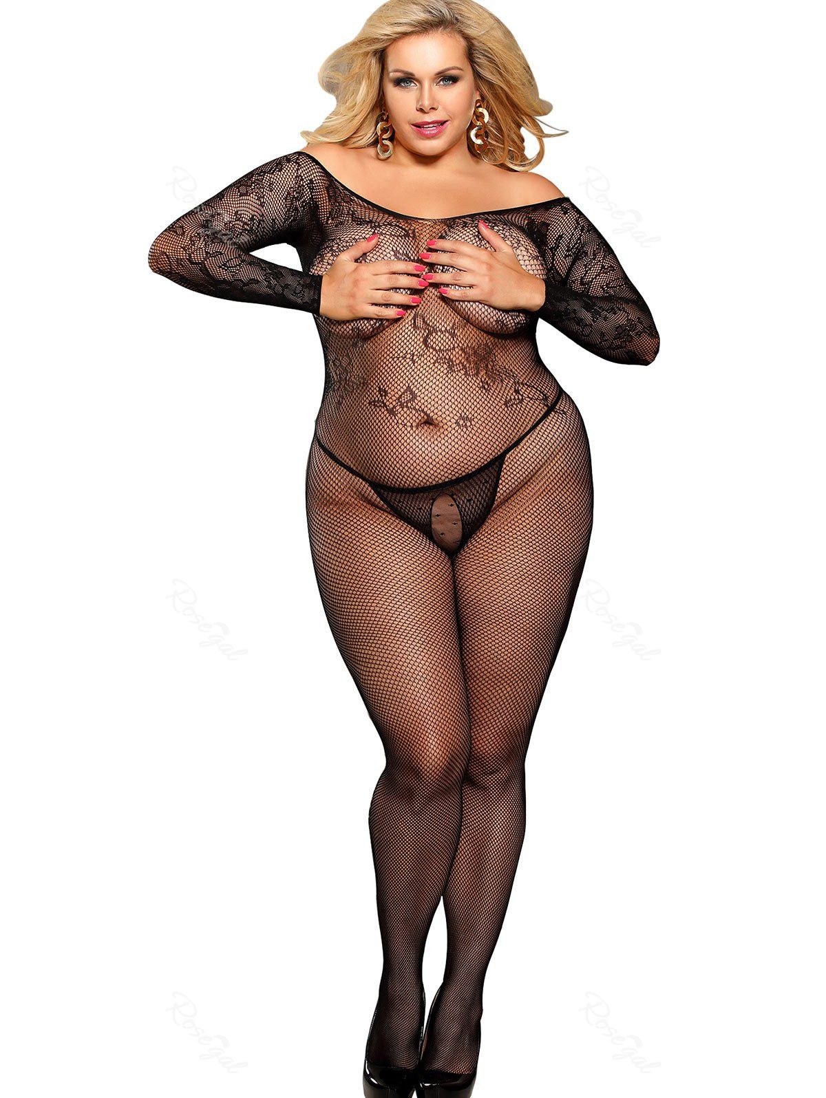 

Crotchless Off Shoulder Plus Size Bodystocking, Black