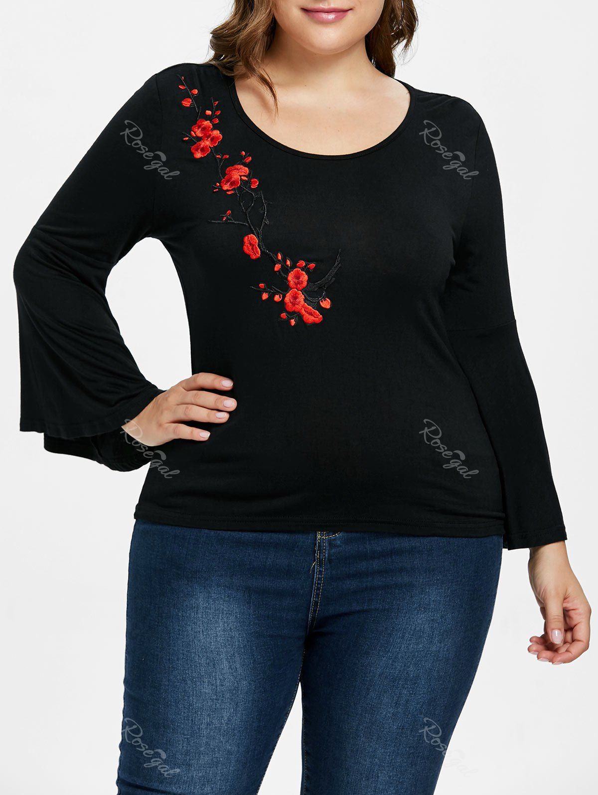 

Plus Size Bell Sleeve Embroidery T-shirt, Black