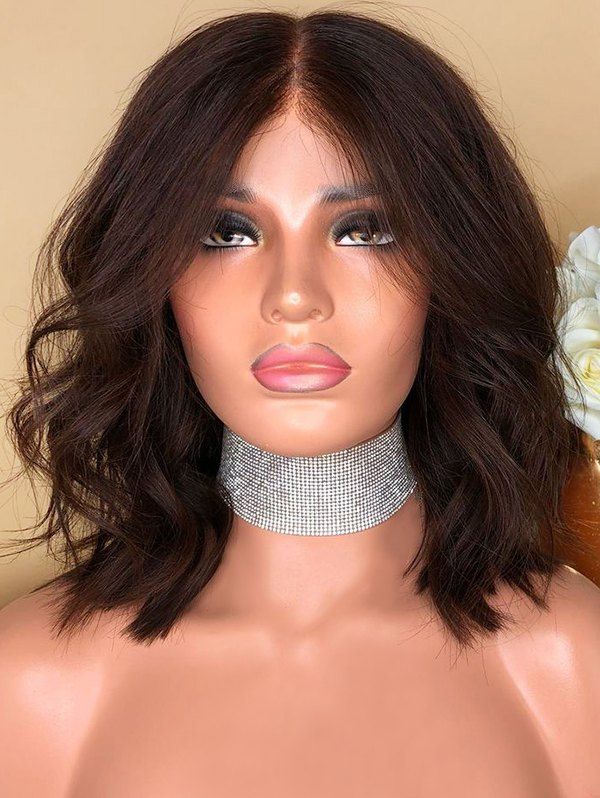 

Center Parting Short Wavy Lace Front Synthetic Wig, Deep brown