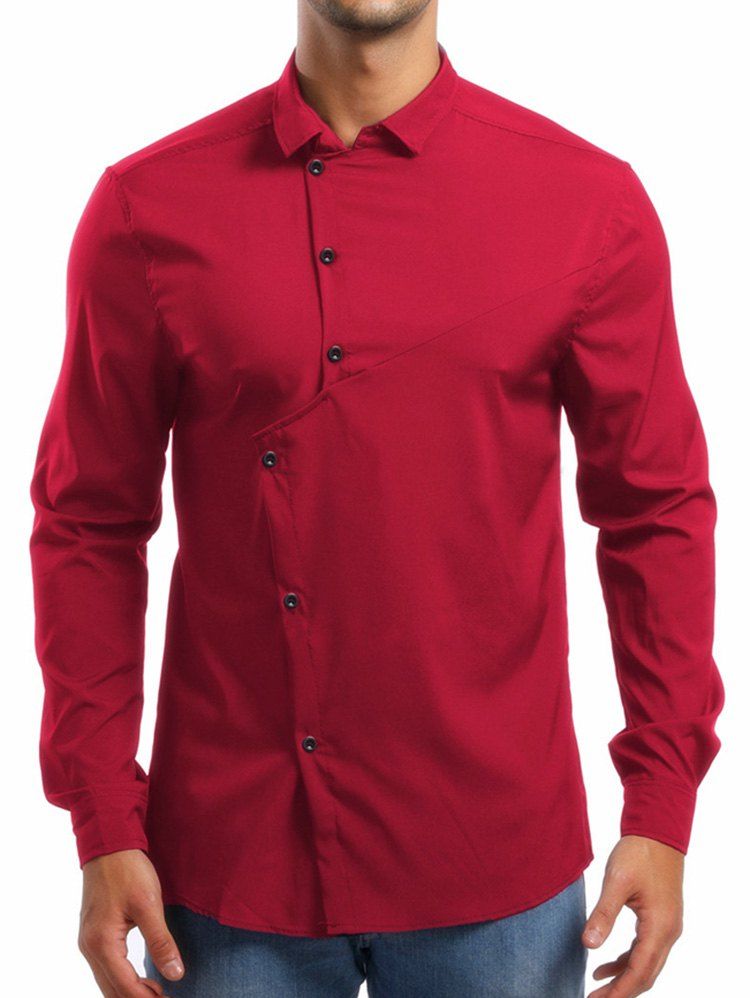 

Personality Solid Irregular Button Up Shirt, Red