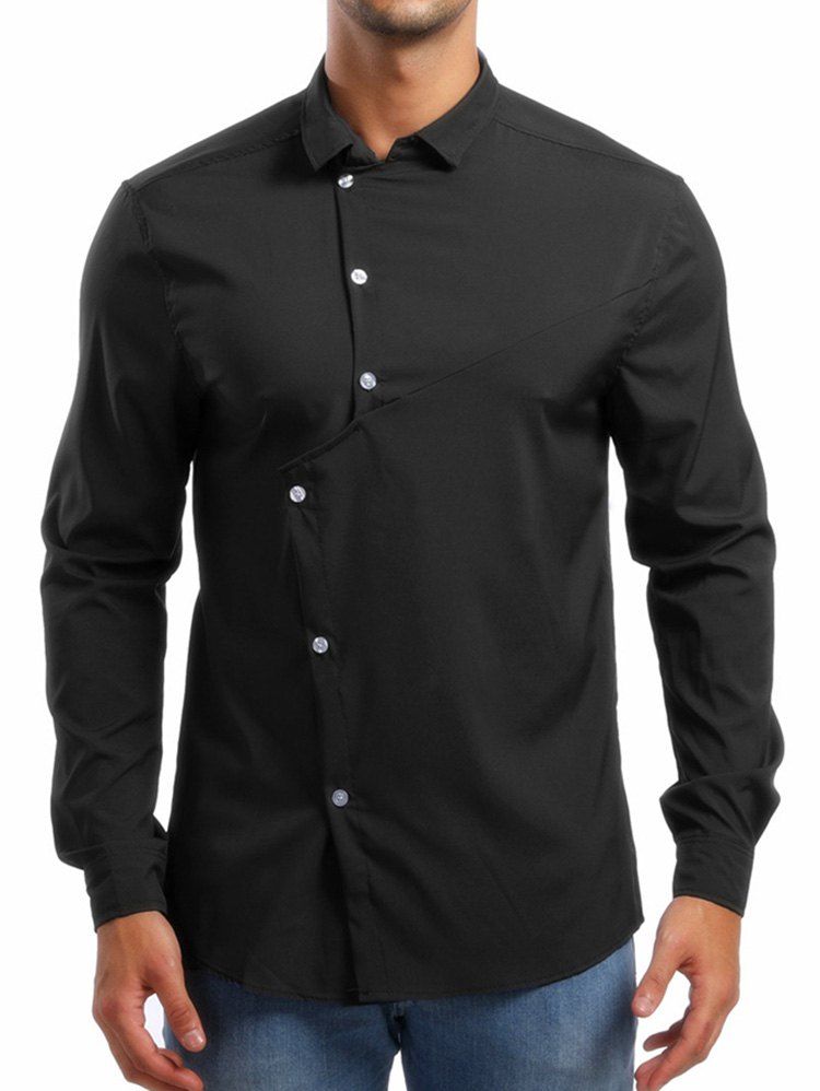 

Personality Solid Irregular Button Up Shirt, Black