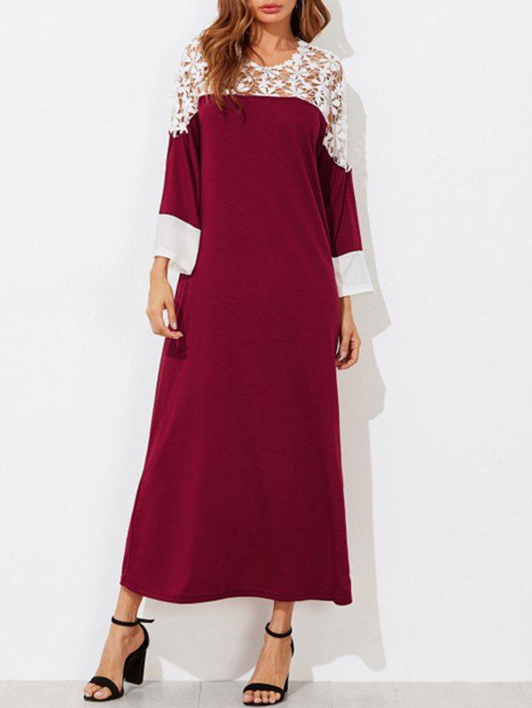 

Contrast Lace Insert Maxi Dress, Red wine