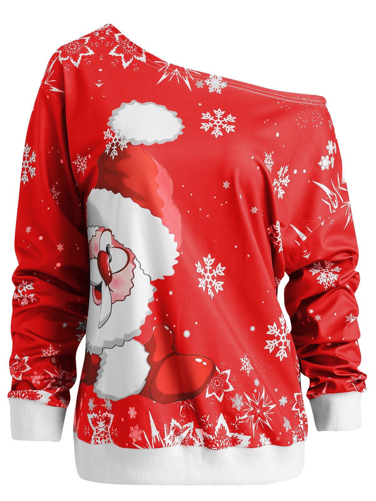 

Christmas Santa Claus Print Skew Neck Sweatshirt, Red