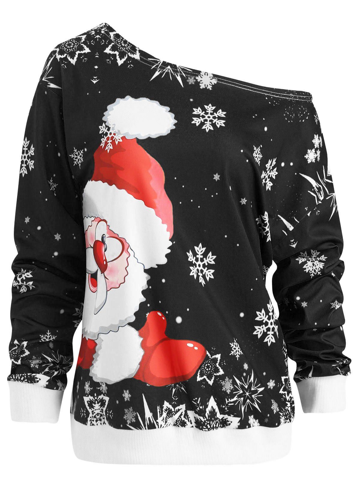 

Christmas Santa Claus Print Skew Neck Sweatshirt, Black