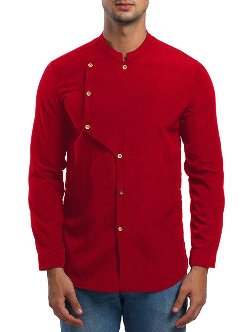 

Stand Collar Solid Button Irregular Shirt, Red
