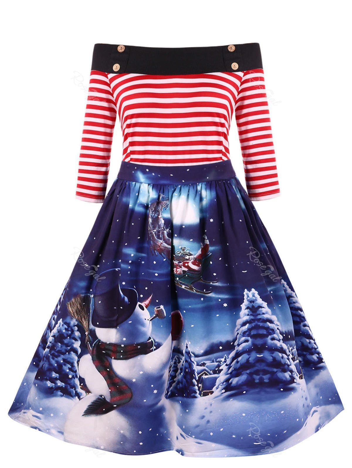 

Vintage Off The Shoulder Printed Christmas Dress, Multi