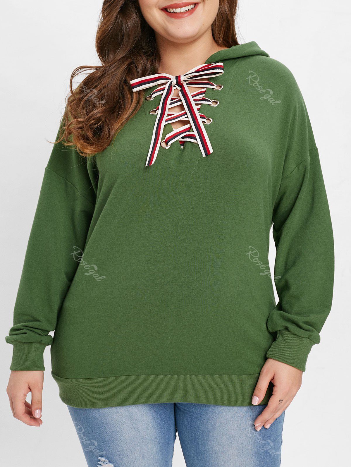 

Lace Up Plus Size Drop Shoulder Hoodie, Medium sea green