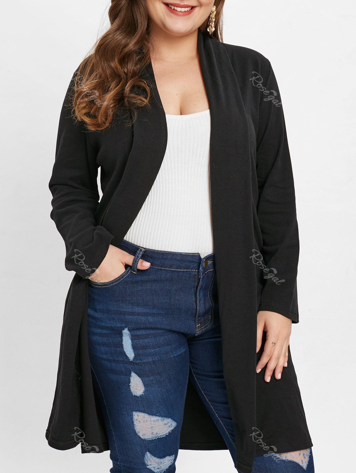 

Collarless Plus Size Open Front Coat, Black