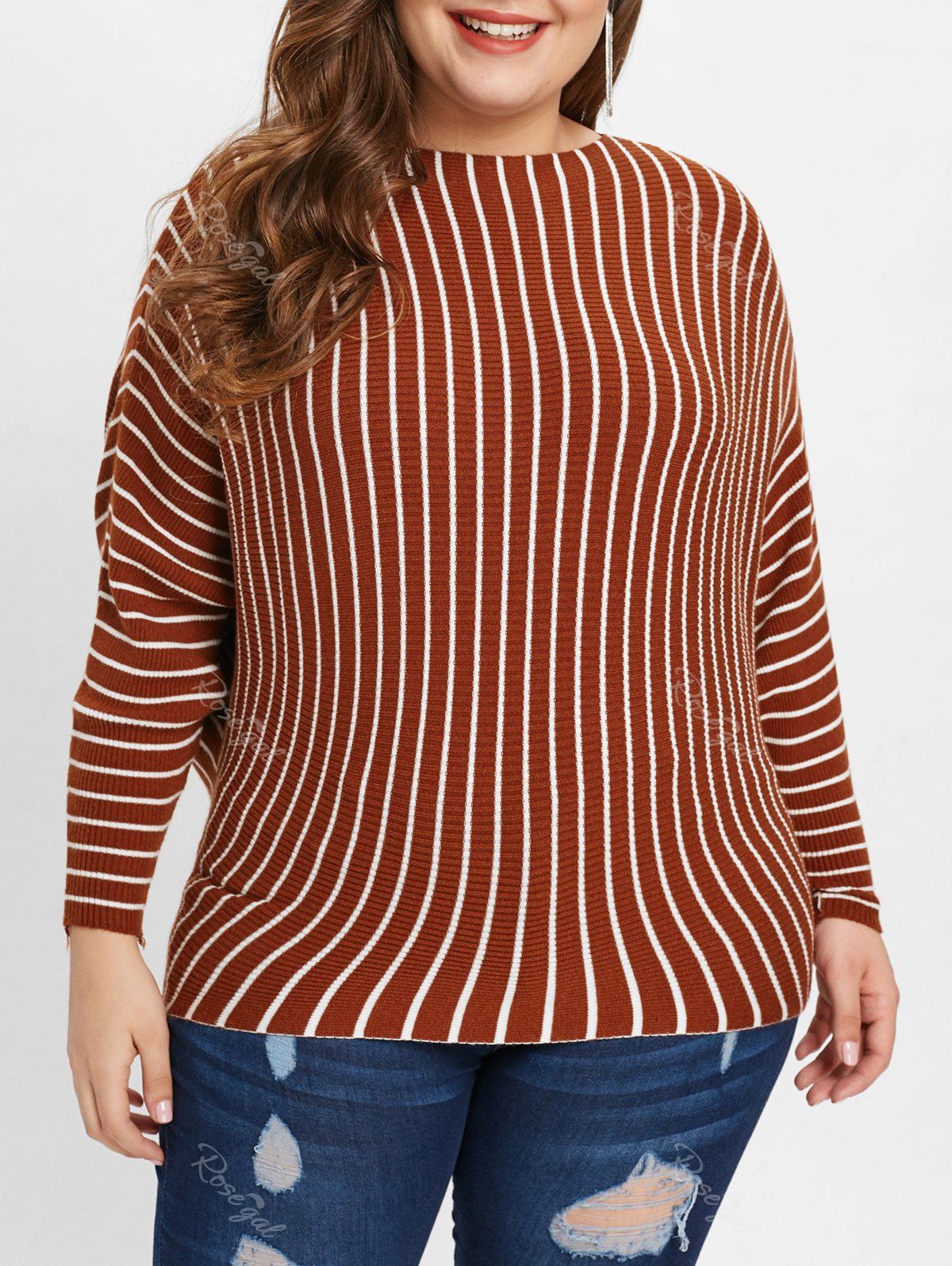 

Mock Neck Plus Size Striped Pullover Sweater, Coffee