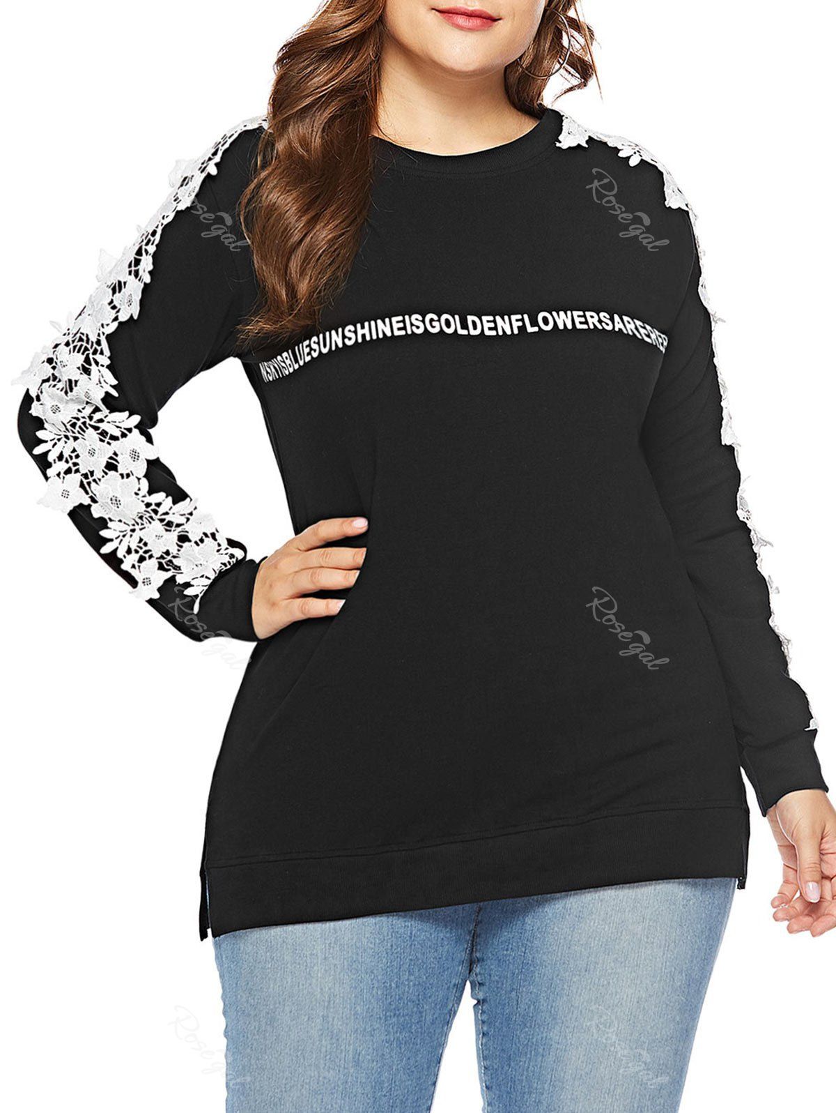 

Plus Size Letter Print Applique Sweatshirt, Black