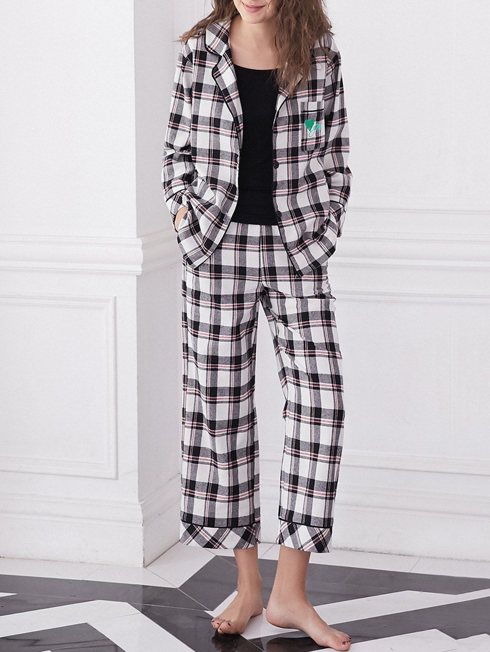 

Embroidered Plaid Pajama Set, Multi