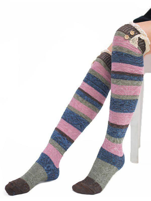 

Vintage Striped Lace Thigh High Socks, Multi-c