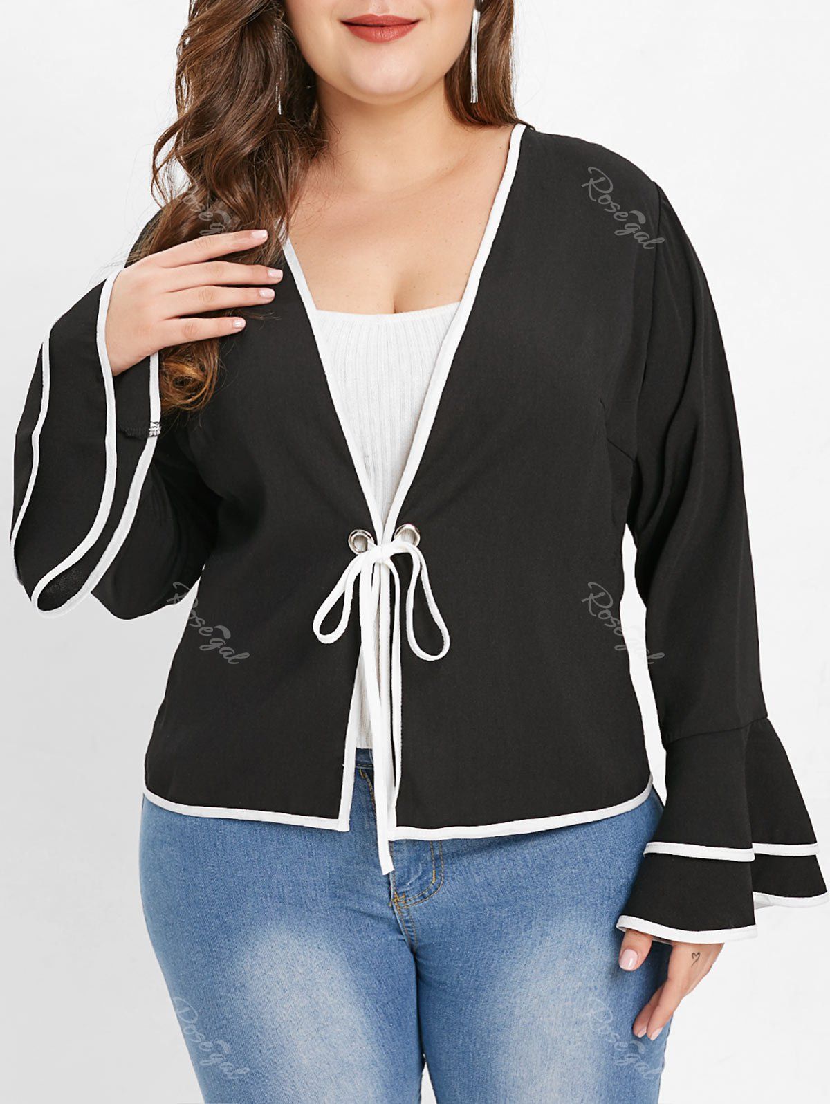 

Plus Size Bell Sleeve Contrast Trim Jacket, Black