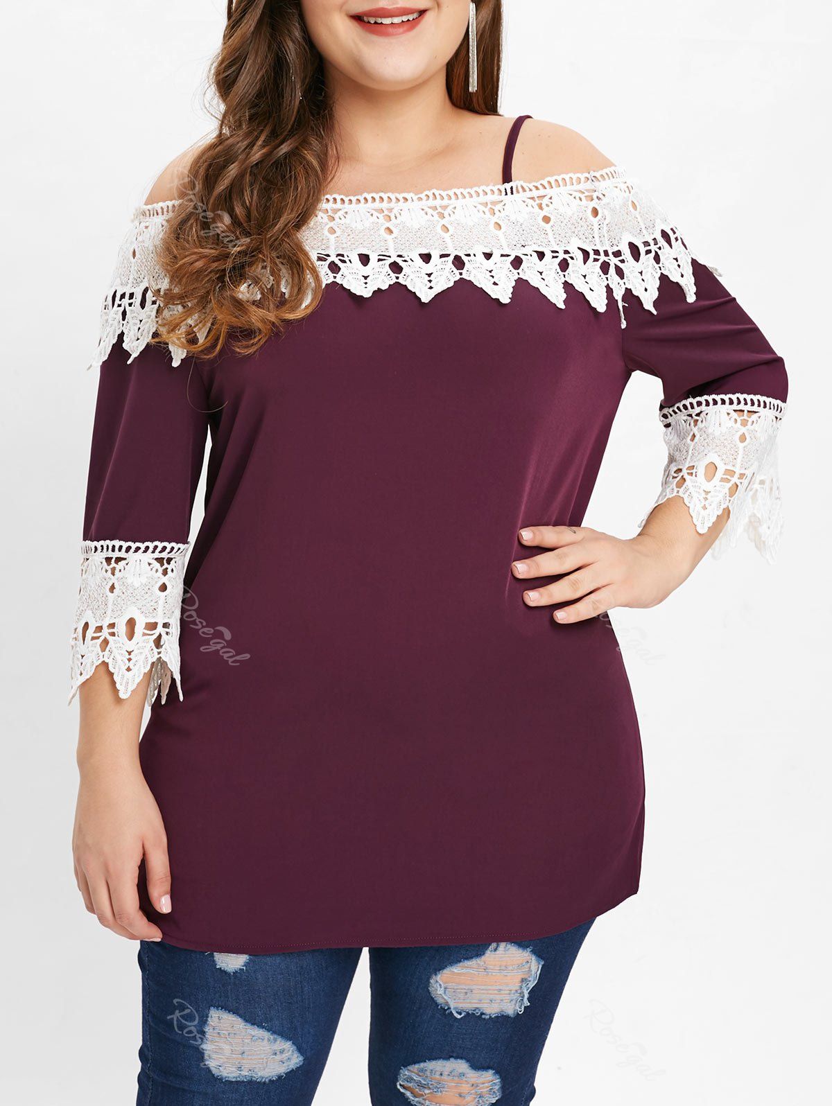 

Lace Panel Plus Size Spaghetti Strap T-shirt, Purple