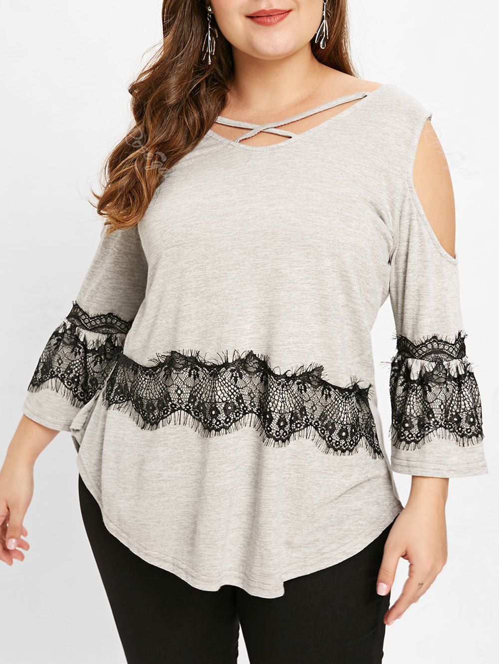 

Plus Size Eyelash Lace Trim Cold Shoulder T-shirt, Light gray