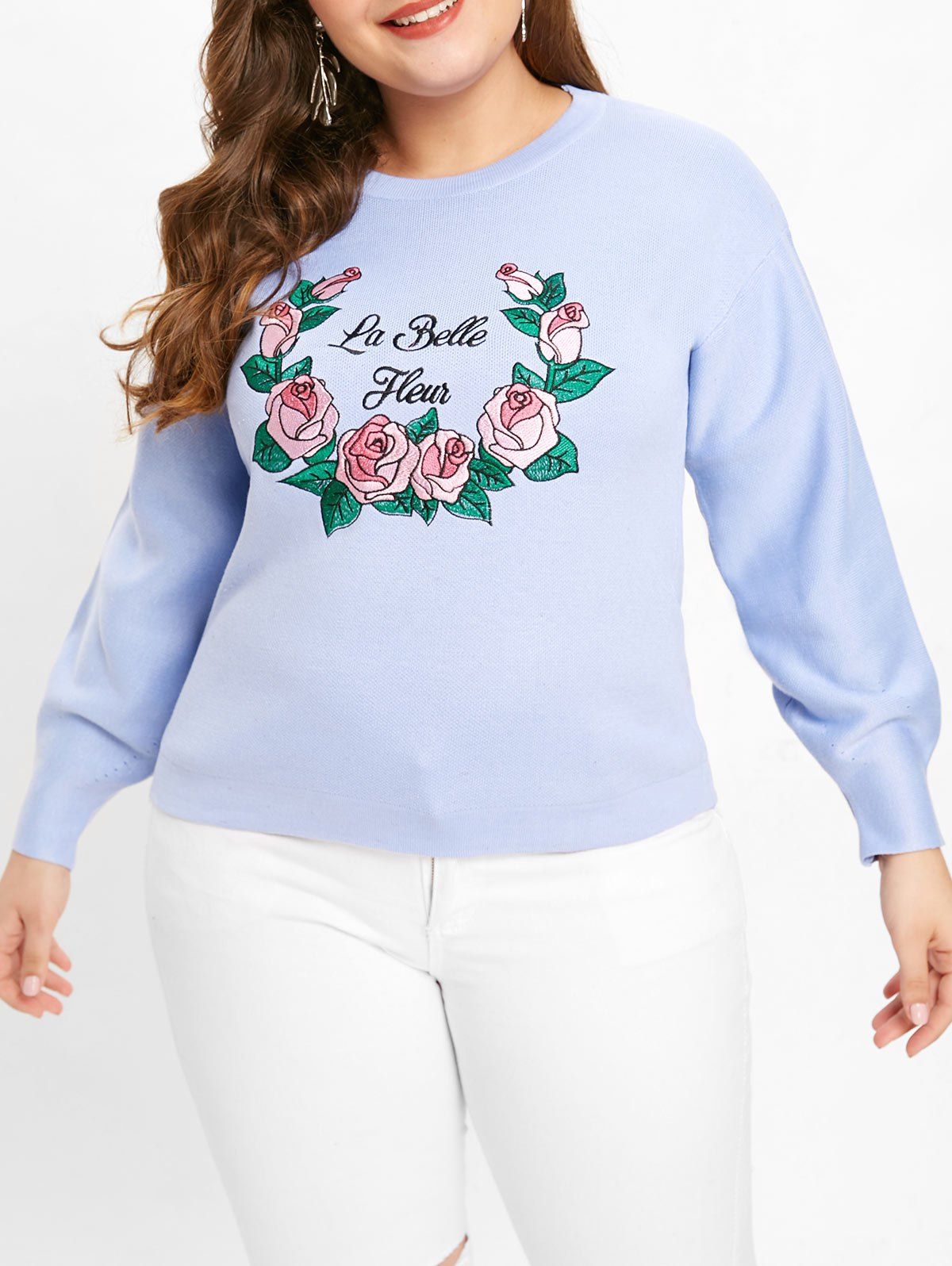 

Plus Size Letter Floral Patch Sweater, Baby blue