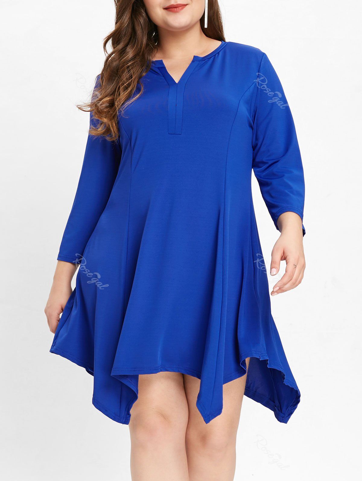 

V Neck Plus Size Asymmetrical Shift Dress, Blue