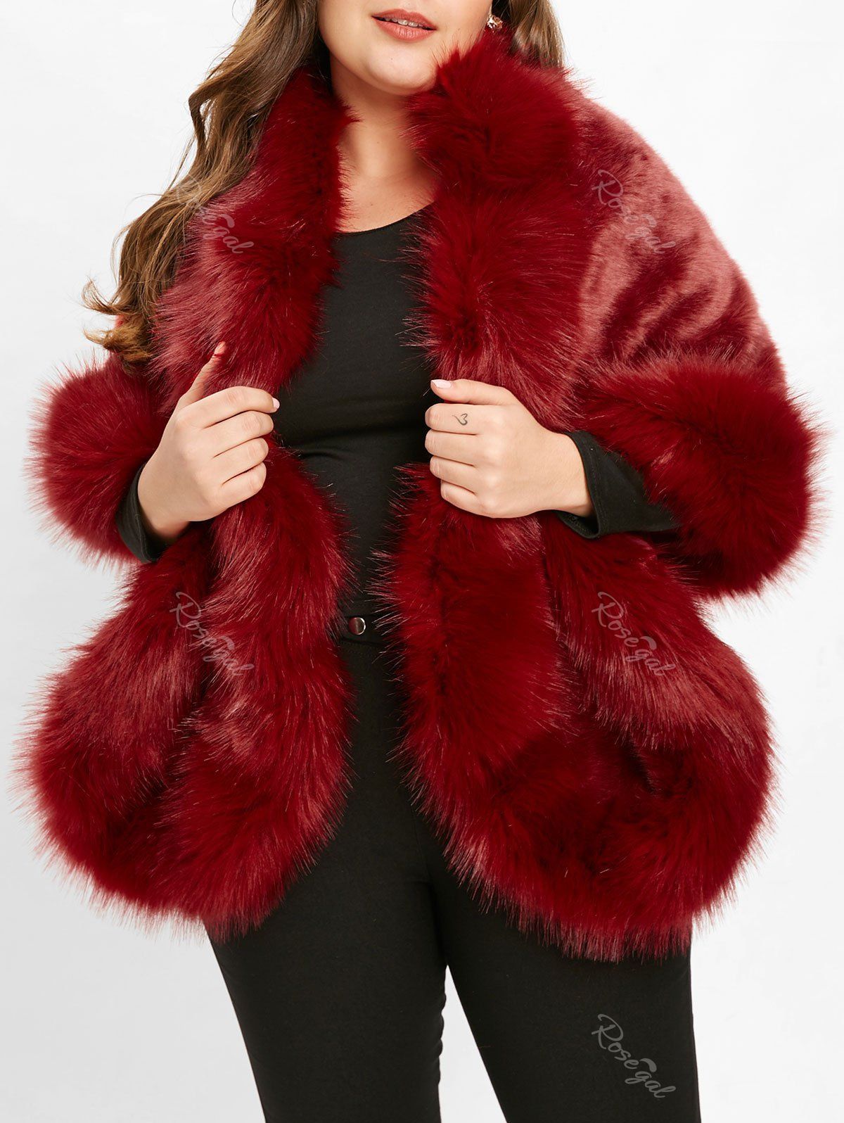 

Plus Size Collarless Faux Fur Coat, Red wine