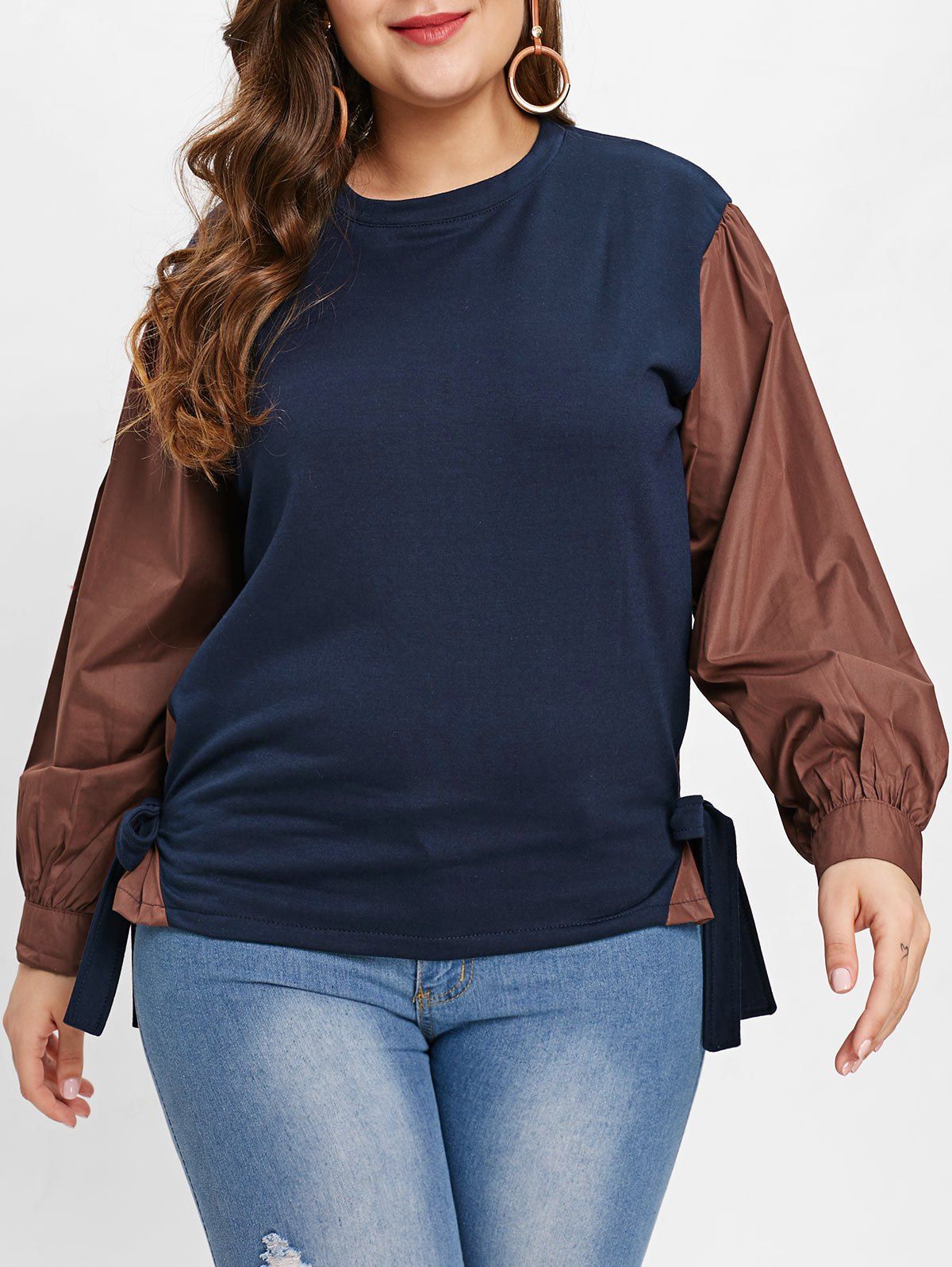 

Plus Size Patchwork Bow Tie T-shirt, Midnight blue