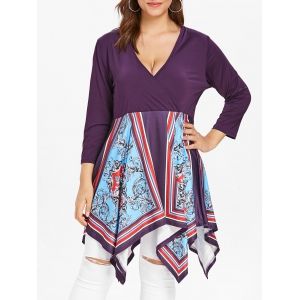 

Plus Size Plunging Neck Surplice Handkerchief Tee, Multi
