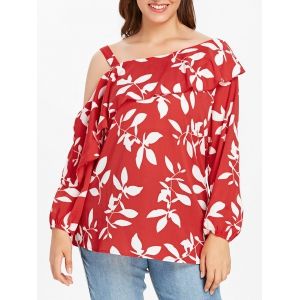 

Plus Size Skew Neck Flounce Floral Top, Red