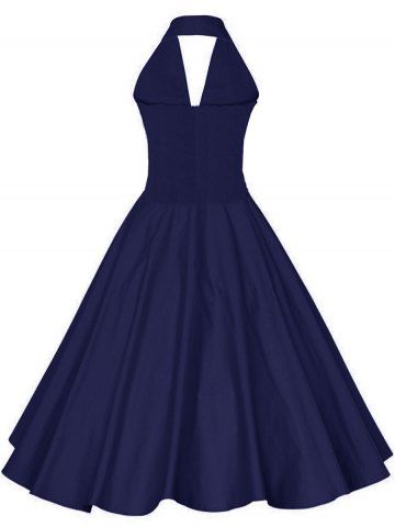 

Plus Size Vintage Open Back Halter Flare Dress, Deep blue