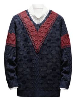 V Neck Color Block Pullover Sweater - DEEP BLUE - M