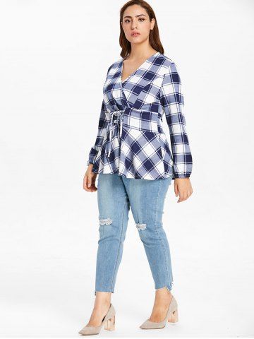 

Plus Size Lace Up Plaid Surplice T-shirt, Multi