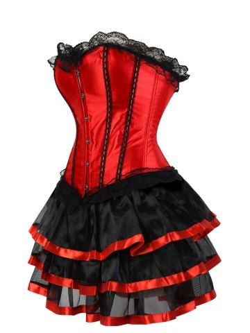 

Plus Size Strapless Lace Panel Corset and Mini Mesh Skirt, Red