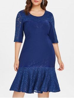 Lace Panel Plus Size Rhinestone Embellished Knee Length Dress - BLUE - L