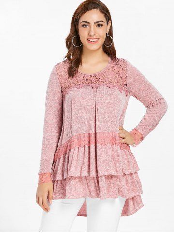 

Plus Size Lace Panel Long Sleeve Tiered Top, Pink bow