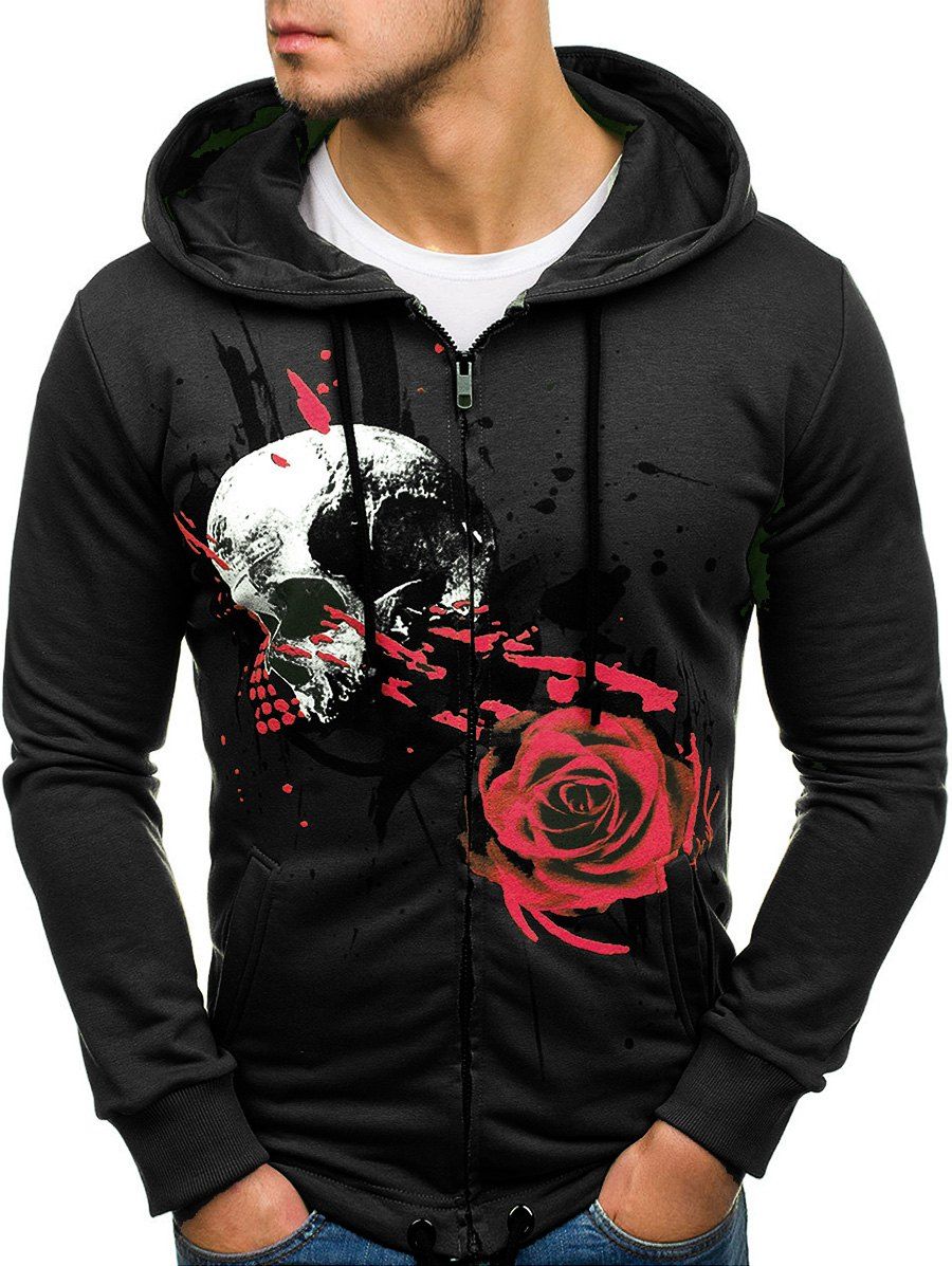 

Drawstring Bottom Skull Flower Print Casual Hoodie, Black