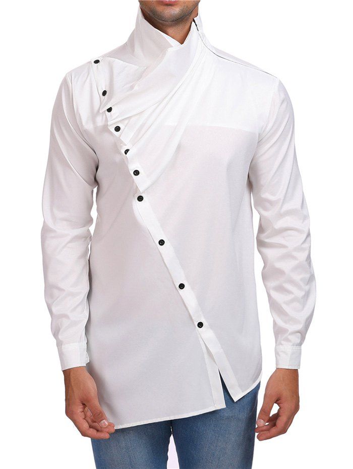 

Cowl Neck Ruffles Irregular Button Up Shirt, White