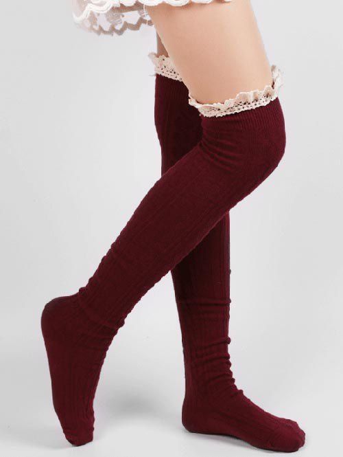 

Cute Solid Color Lace Thigh Stockings, Red wine