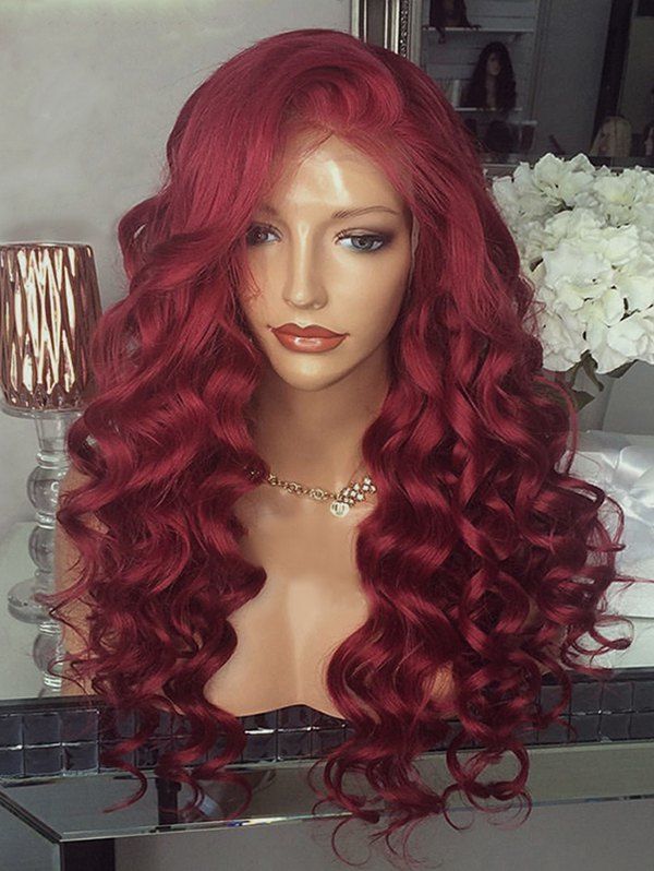 

Long Free Part Body Wave Party Lace Front Synthetic Wig, Red wine