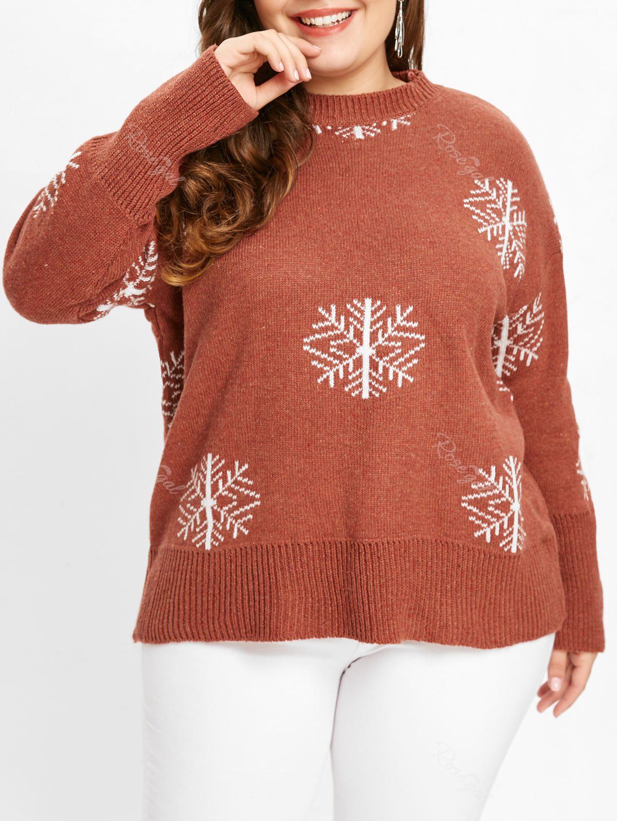 

Drop Shoulder Plus Size Snowflake Print Sweater, Chestnut red